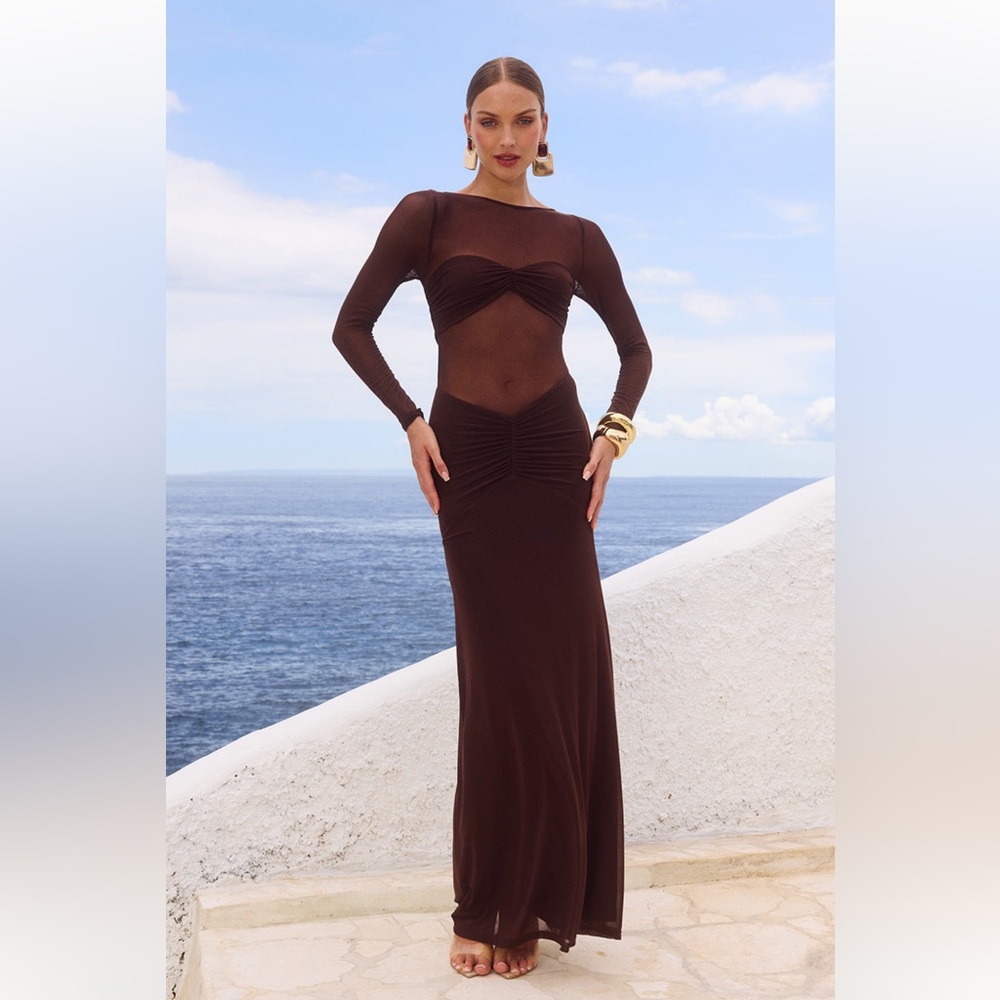 Elegant Sheer Brown Maxi Dress